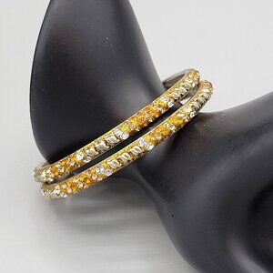 Rhinestone Bangle Bracelet Set of 2 Stackable Gold White Silver Fits Up To 7"